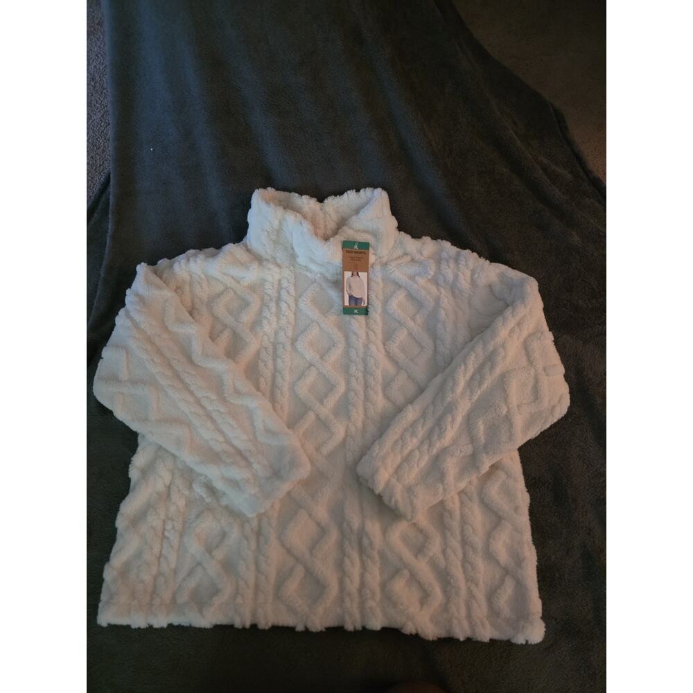 Eddie Bauer Women's Cable Fleece Mock Neck Pullover Ivory Size XL